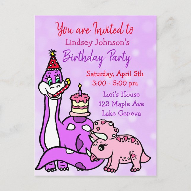 Cute Girl's Dinosaur Birthday Party Invitations (Front)