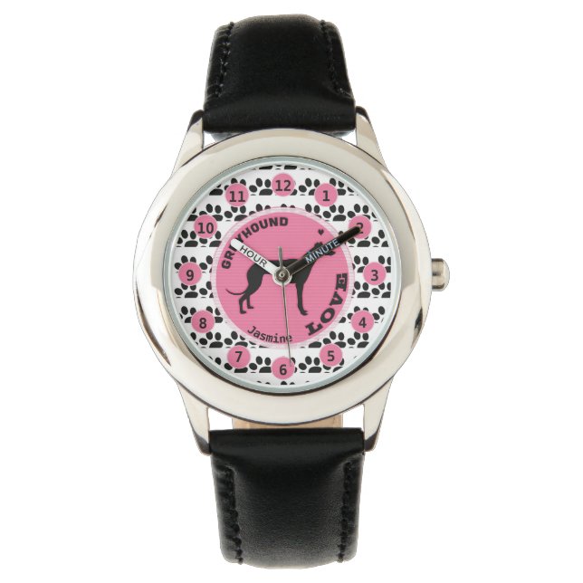 Cute Girls Dog Paw Greyhound Kids Personalise Name Watch (Front)