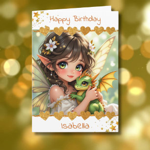 Cute Girl's Fairy and Dragon Themed Birthday Card
