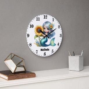 Cute girls fantasy mermaid add name  large clock