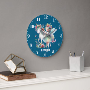 Cute girls fantasy unicorn fairy add name  large clock