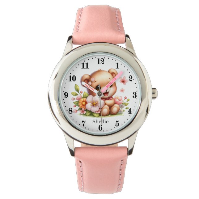 Cute girls flower bear add name  watch (Front)