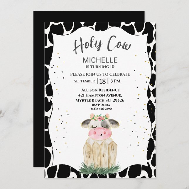 Cute Girls Holy Cow Birthday Party Invitation (Front/Back)