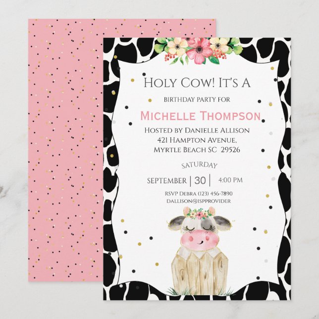 Cute Girls Holy Cow Pink Floral Birthday Party   Invitation (Front/Back)
