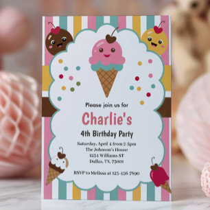 Cute Girls Ice Cream 4th Birthday Party Invitation