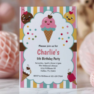 Cute Girls Ice Cream 5th Birthday Party Invitation
