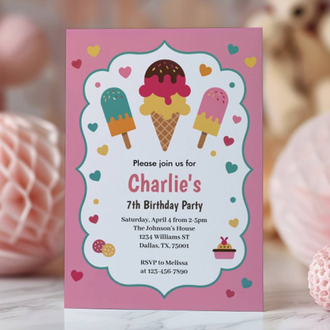 Cute Girls Ice Cream 7th Birthday Party Invitation (Creator Uploaded)