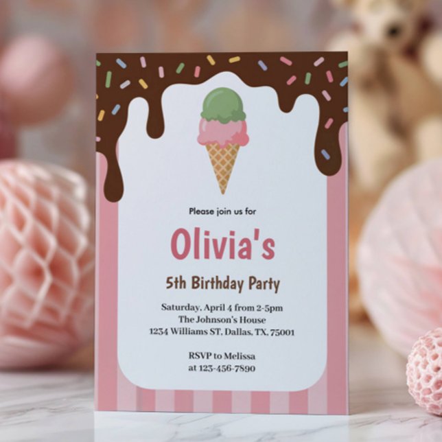 Cute Girls Ice Cream Birthday Party Invitation (Creator Uploaded)
