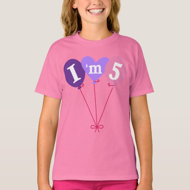 Cute Girls I'm Five 5th Birthday Balloon Tee (Front)
