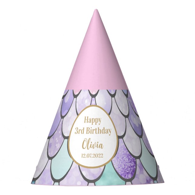 Cute Girls Mermaid 3rd Birthday Party Party Hat (Front)