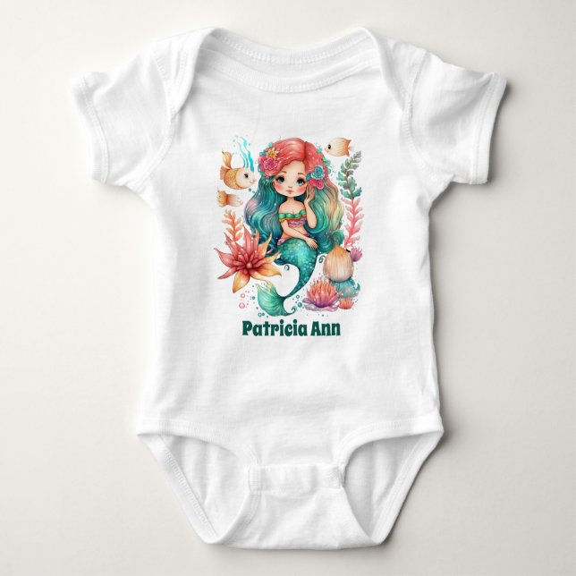 cute girls mermaid add name  baby bodysuit (Front)