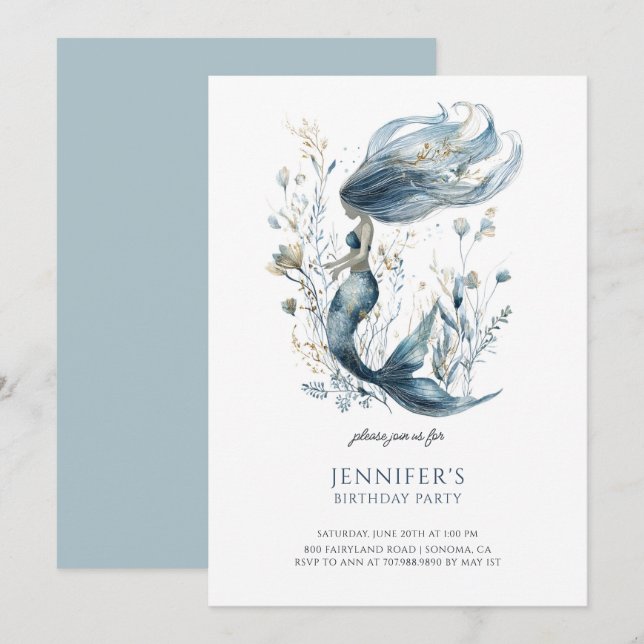 Cute Girl's Mermaid Birthday Party Invitation (Front/Back)