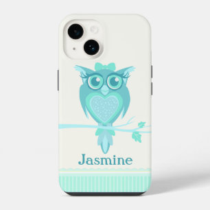 Cute girls owl aqua mint green iPhone 14 case