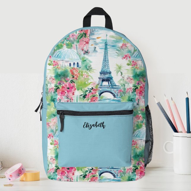 Cute Girls Paris Eiffel Tower Floral School Printed Backpack (Go back to school in style with this trendy Paris Eiffel Tower themed girls school backpack. 
)