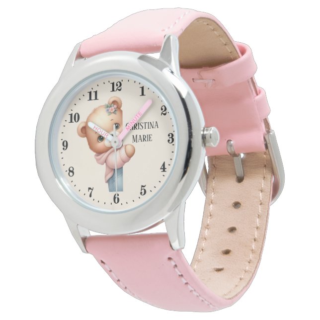 Cute girls peeking bear add name watch (Angled)