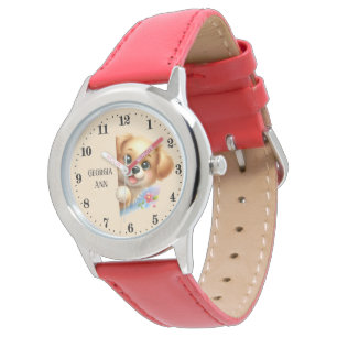 Cute girls peeking puppy add name watch