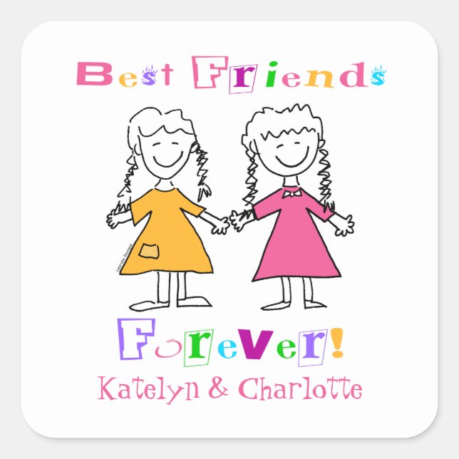 Cute Girls Personalised Best Friends Forever Square Sticker (Front)