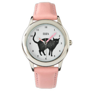 Cute Girls Pink Black Cat Animal Kids Kitty Kitten Watch