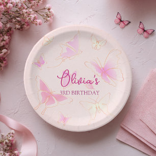 Cute Girls Pink Butterfly Birthday Paper Plate