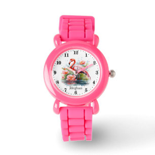 Cute girls pink flamingo add name watch