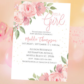 Cute Girls Pink Gold Floral Baby Shower Invitation