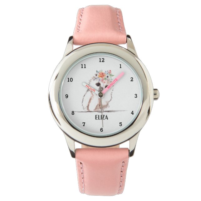 Cute Girls Pink Owl Bird Animals Kids Floral Watch (Front)