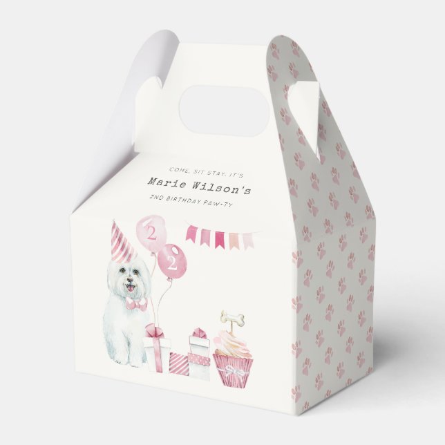 Cute Girls Pink Party Puppy Dog Any Age Birthday Favour Box (Front Side)