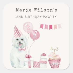 Cute Girls Pink Party Puppy Dog Any Age Birthday  Square Sticker