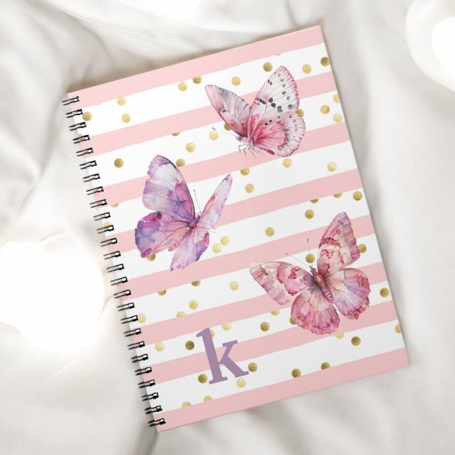Cute Girl's Pink Stripes Dots and Butterflies Notebook (Personalize with your monogram initial.)