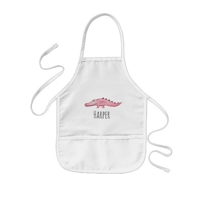 Cute Girl's Pink Watercolor Crocodile Safari Name Kids Apron (Front)