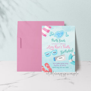 Cute Girls Pool Party Bash Birthday Invitation