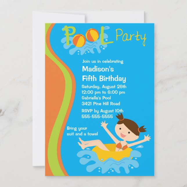CUTE Girl's Pool Party Birthday Invitation (Front)
