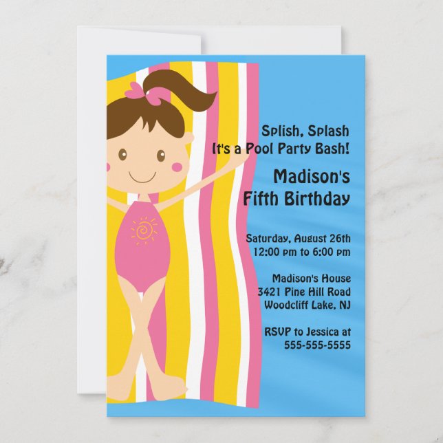 CUTE Girls Pool Party Birthday Invitation (Front)