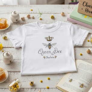 Cute Girls Queen Bee, Gold Crown & Hearts Name T-Shirt