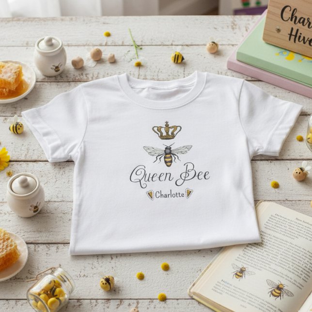 Cute Girls Queen Bee, Gold Crown & Hearts Name T-Shirt (Creator Uploaded)