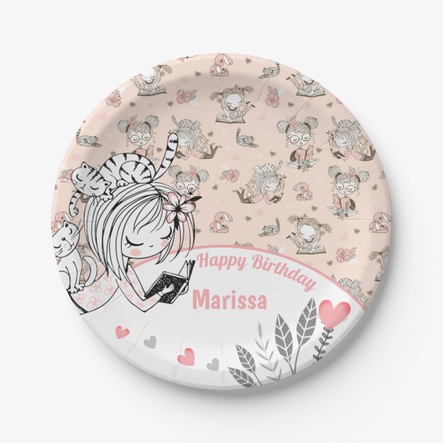 Cute Girls Reading Books Gift Ideas Paper Plate (Front)