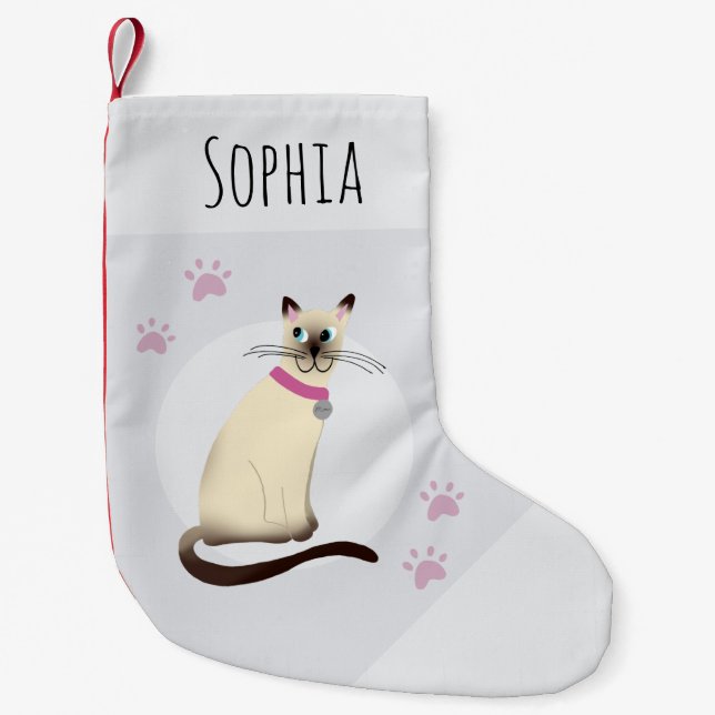 Cute Girls Siamese Cat Cartoon Paw Prints Pets Small Christmas Stocking (Front)
