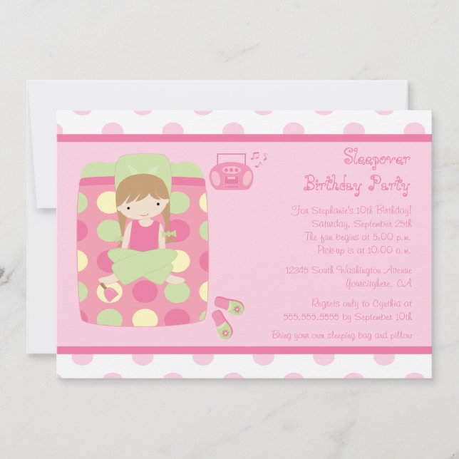 Cute girl's sleepover birthday party invitation (Front)
