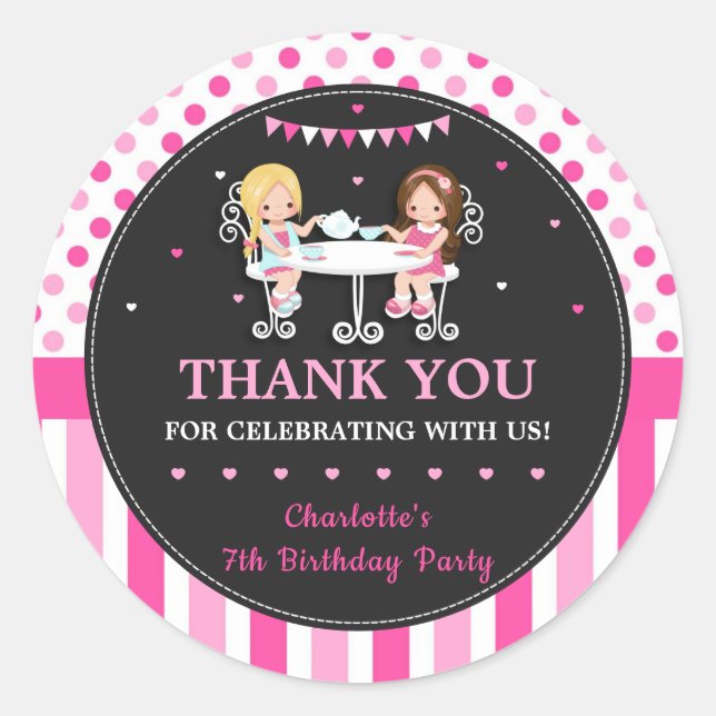 Cute Girls Tea Party Birthday Thank You Favour Classic Round Sticker (Front)