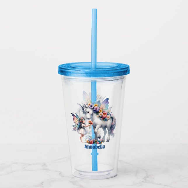 Cute girls unicorn fairy add name acrylic tumbler (Front)