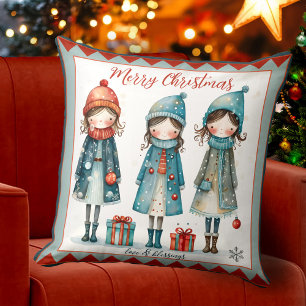 Cute Girls Whimsical Festive Christmas Pillow