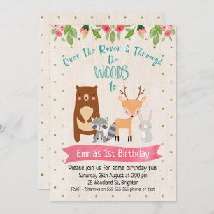 Cute Girls Woodland Animals Birthday Invitation