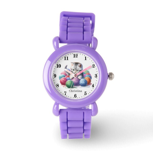 Cute girls yarn cat add name  watch (Front)