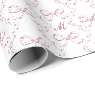 Cute Girly Aesthetic Pink Bow Pattern Monogram Wrapping Paper