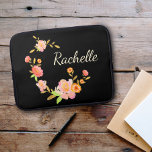 Cute Girly and Modern Black Floral Monogram Name Laptop Sleeve<br><div class="desc">Laptop Sleeve featuring a black background with orange pink and green flowers and a custom first name monogram</div>