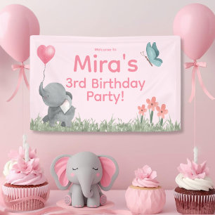 Cute Girly and Pink Elephant Birthday Party  Banner