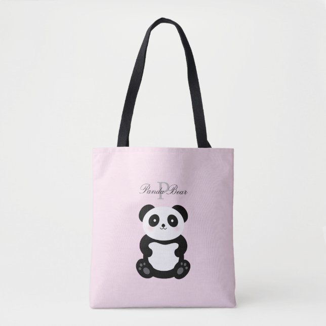 Cute Girly Baby Panda Bear Monogram Tote Bag (Front)