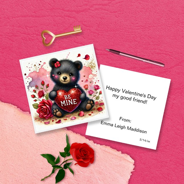 Cute Girly Be Mine Bear Cub Classroom Valentine Card (Creator Uploaded)