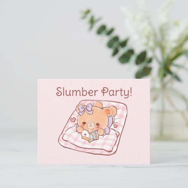 Cute Girly Bear reading on Cosy Bed Slumber Party  Invitation Postcard (Standing Front)