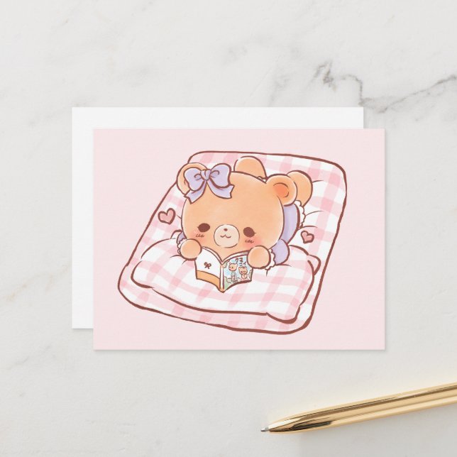 Cute Girly Bear reading Shojo Manga on Cosy Bed Postcard (Front/Back In Situ)
